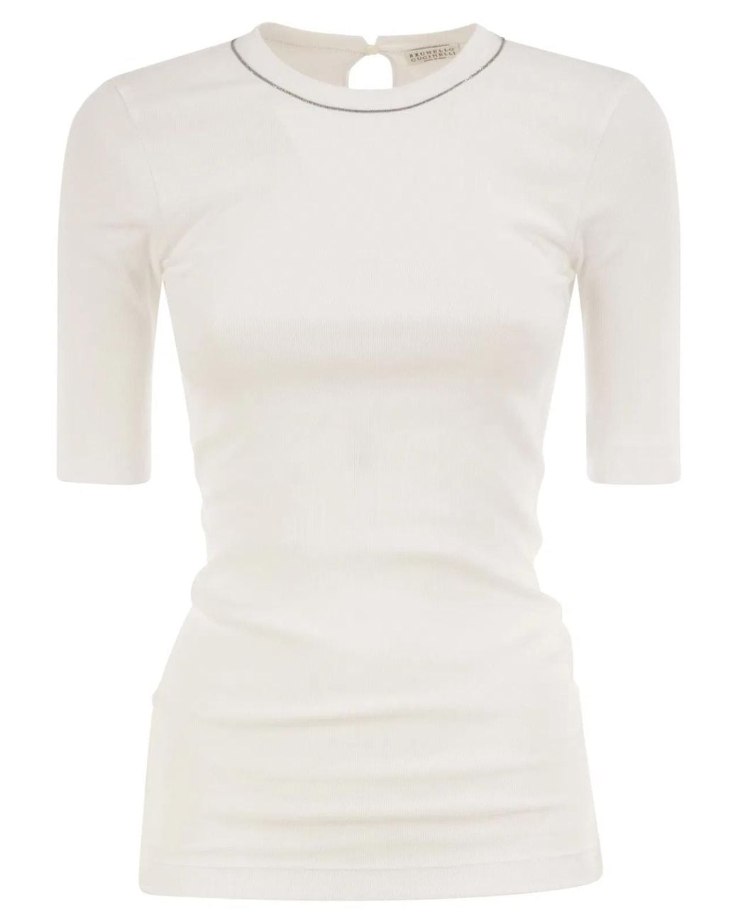 Brunello Cucinelli White Ribbed Stretch Cotton T-Shirt With Monili Trim