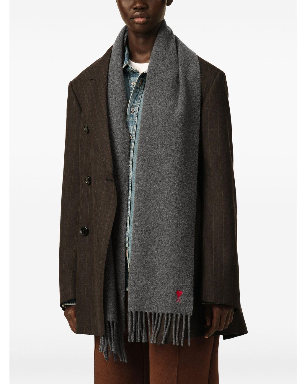 AMI Gray Wool Scarf With Ami De Coeur for men