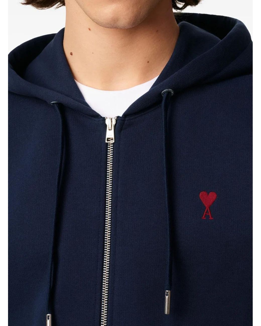 AMI Blue Zipped Cotton Hoodie With Ami De Coeur for men