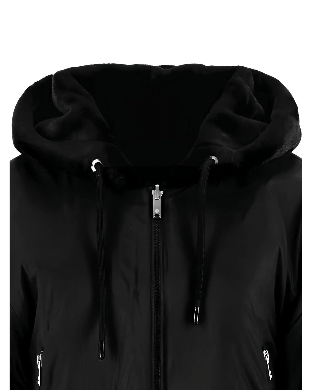 Moose Knuckles Black Cropped Faux Fur Jacket With Plush Hood And Zippered Pockets