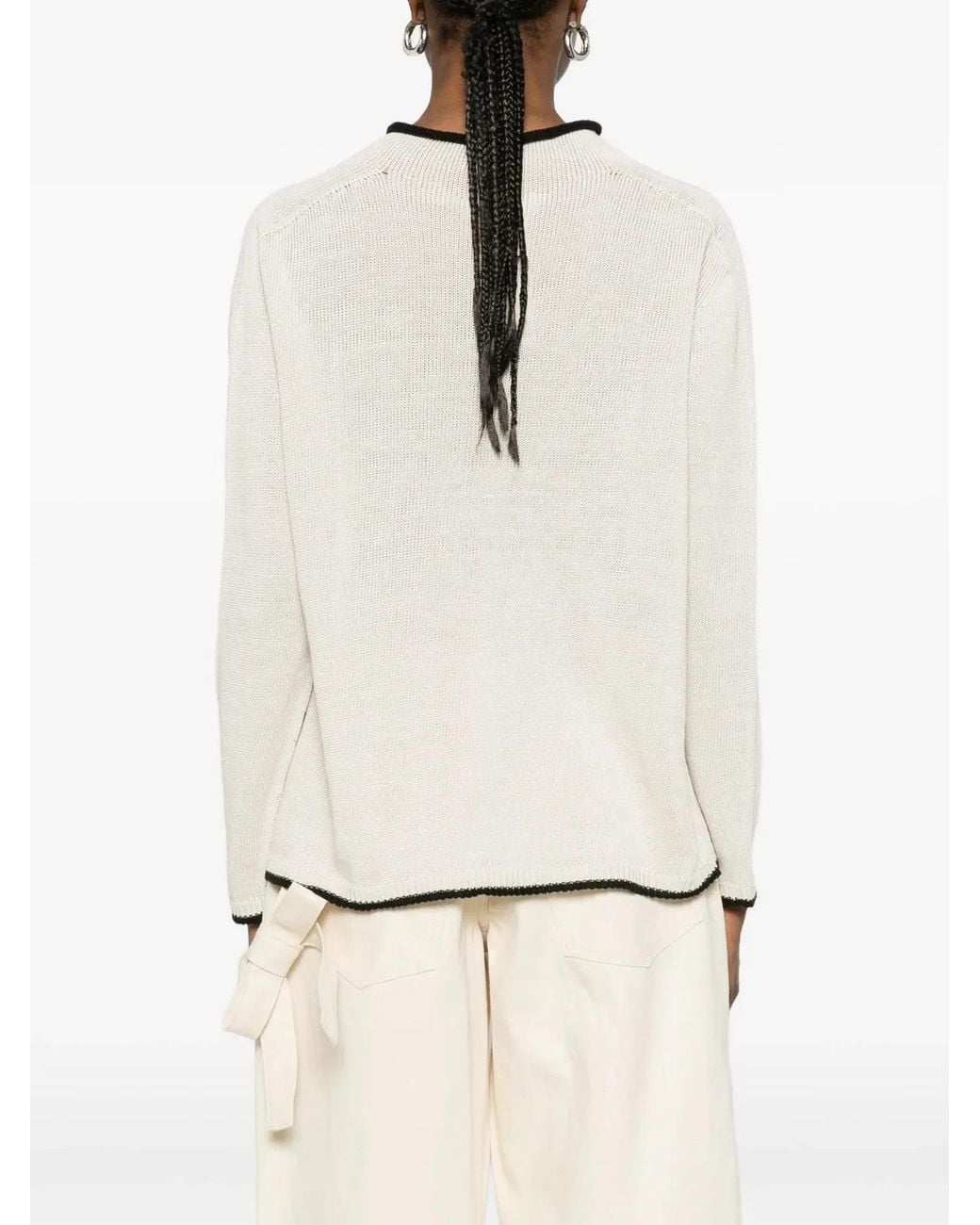 Max Mara White Embroidered Front Linen Sweater With Contrasting Trim