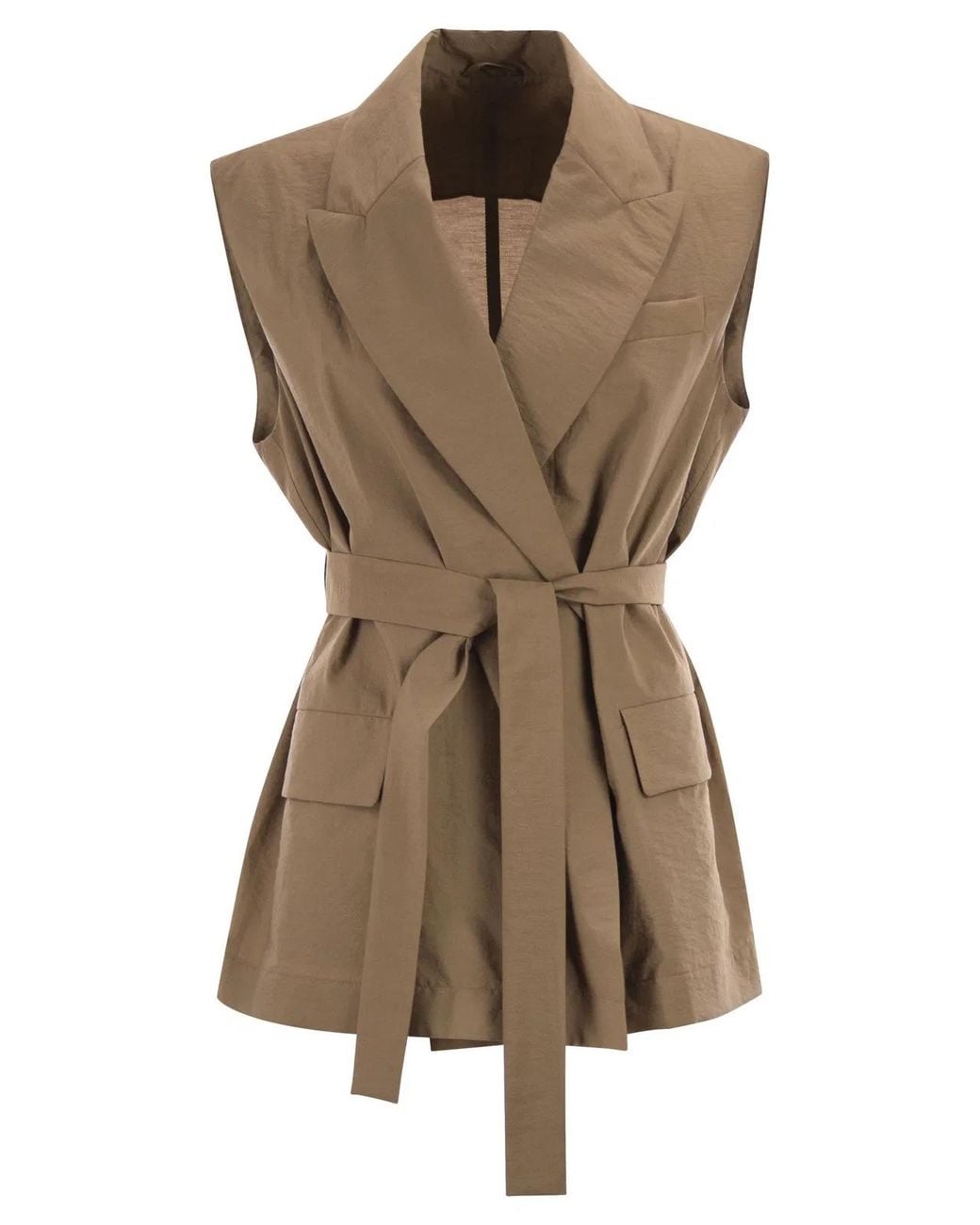 Brunello Cucinelli Brown Techno Cotton Poplin Waistcoat With Belt And Pendant