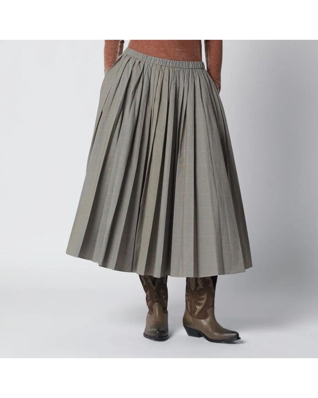 6397 Gray Checked Pleated Midi Skirt
