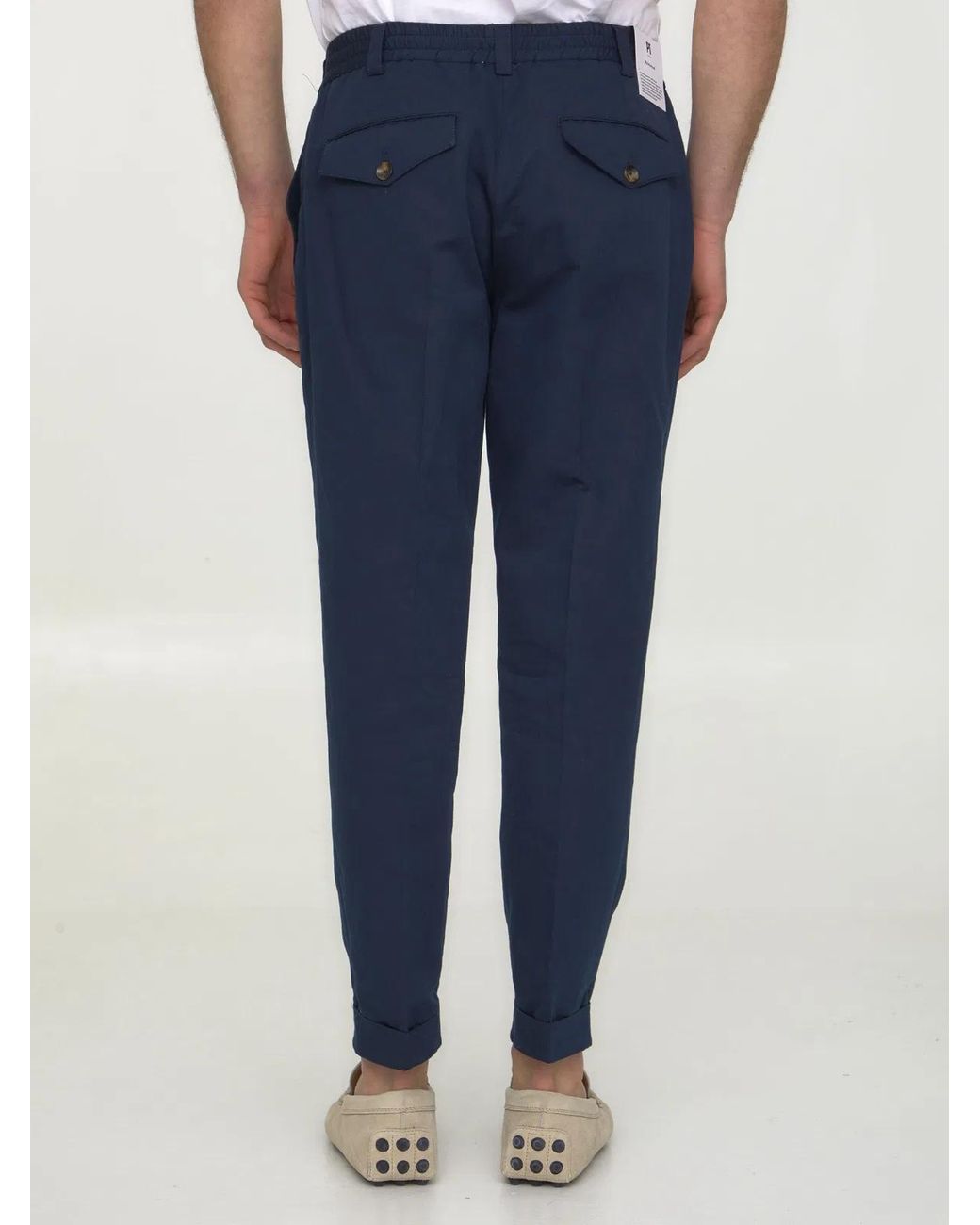 PT Torino Blue Cotton And Linen Trousers for men