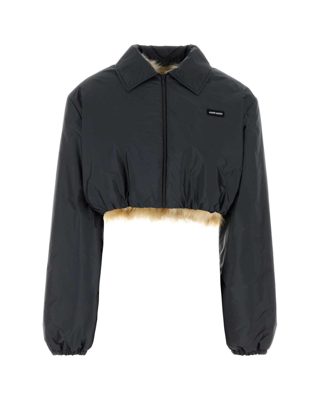 Miu Miu Black Recycled Nylon Jacket With Shearling Fur Lining