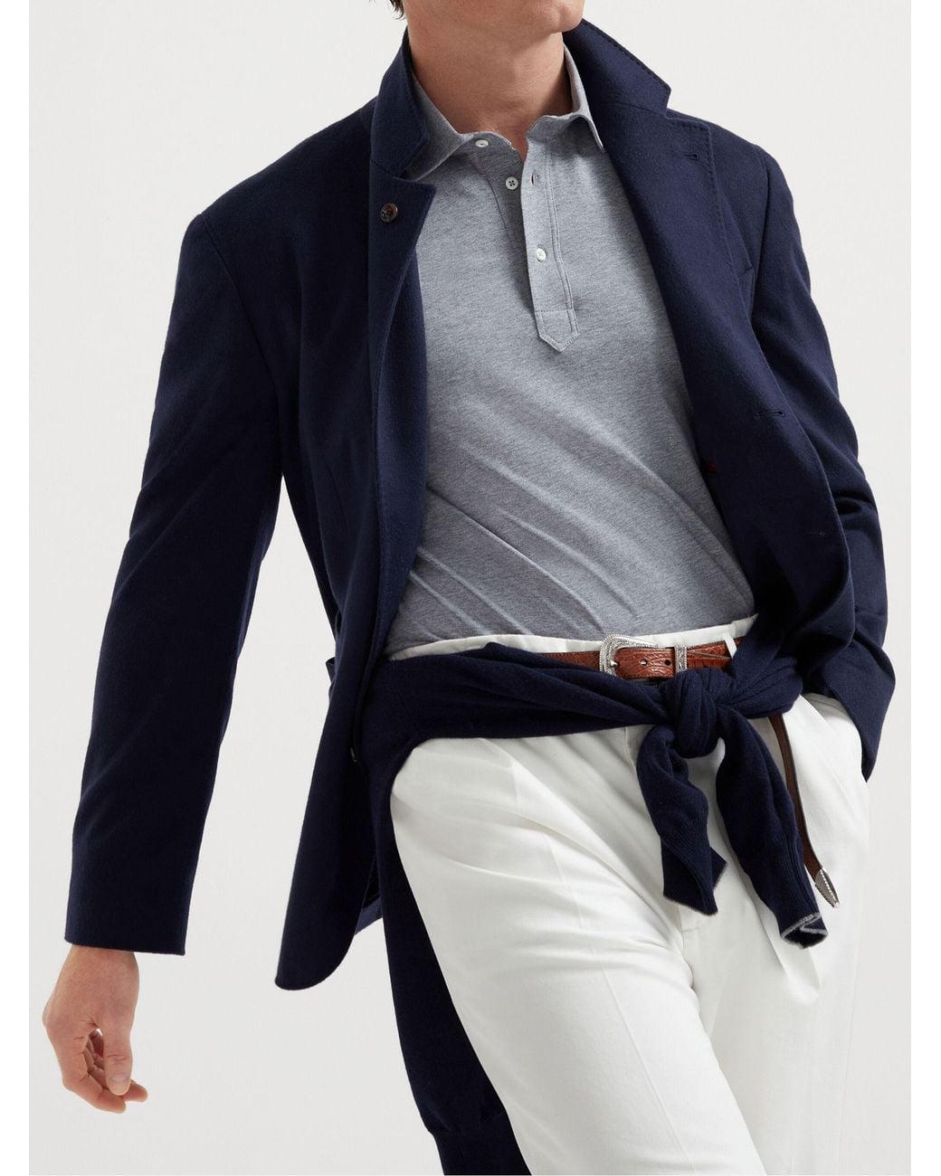 Brunello Cucinelli Blue Cotton Jersey Polo With Shirt-Style Collar for men