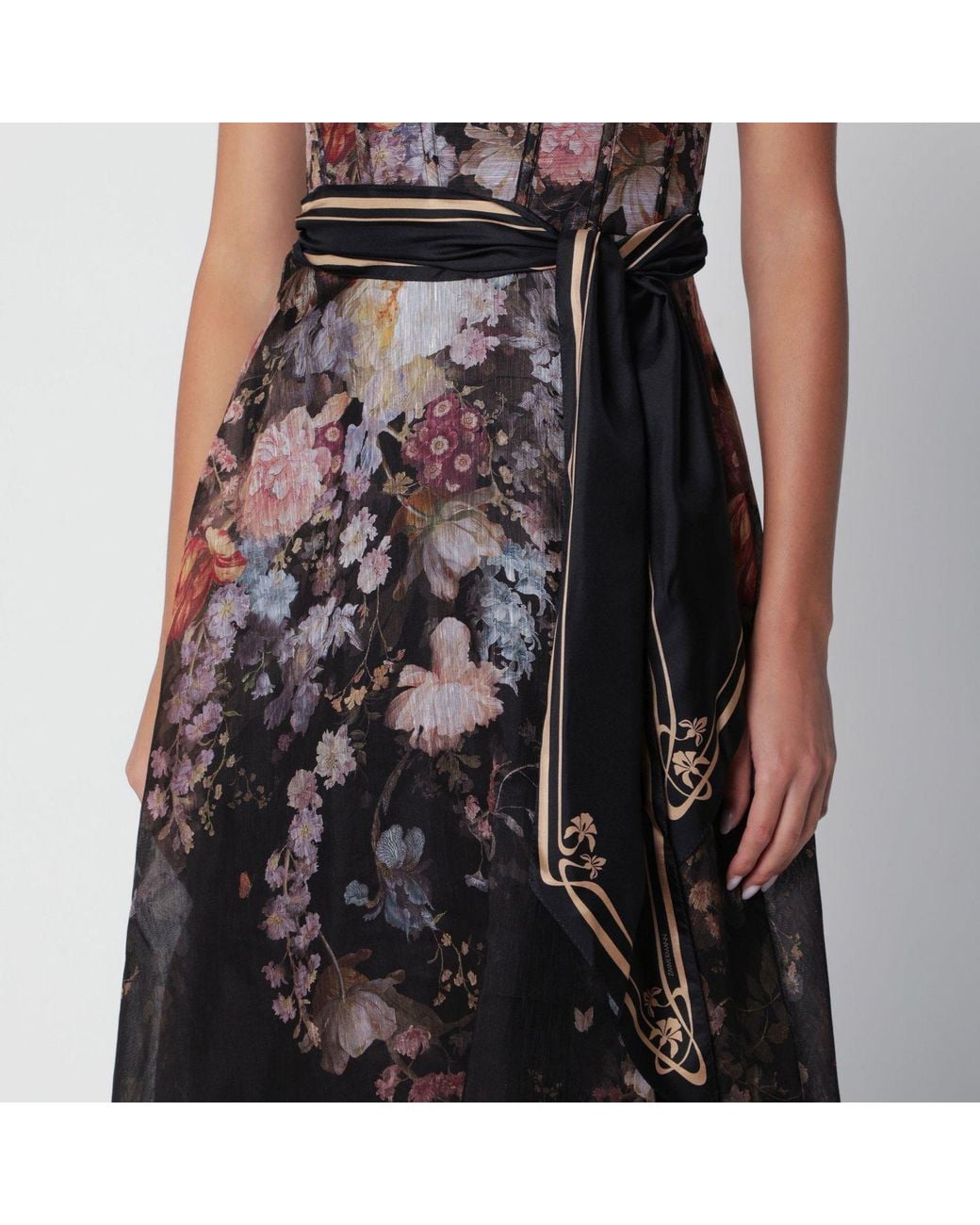 Zimmermann Black Valiant Floral Silk Linen Corset Midi Dress