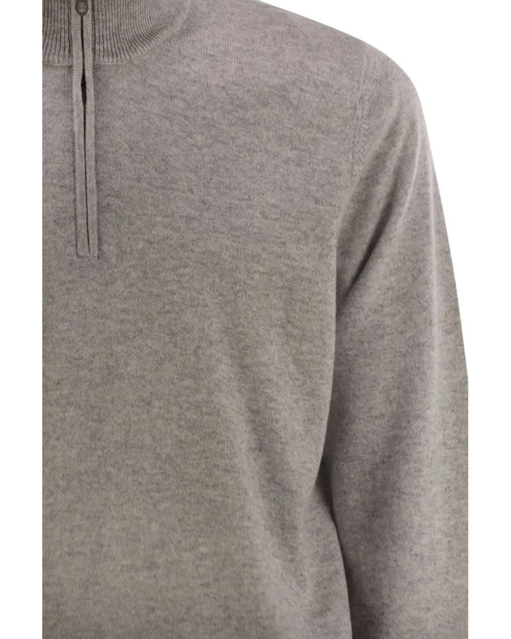 Brunello Cucinelli Gray High-Necked Cashmere Sweater With Zip Opening for men