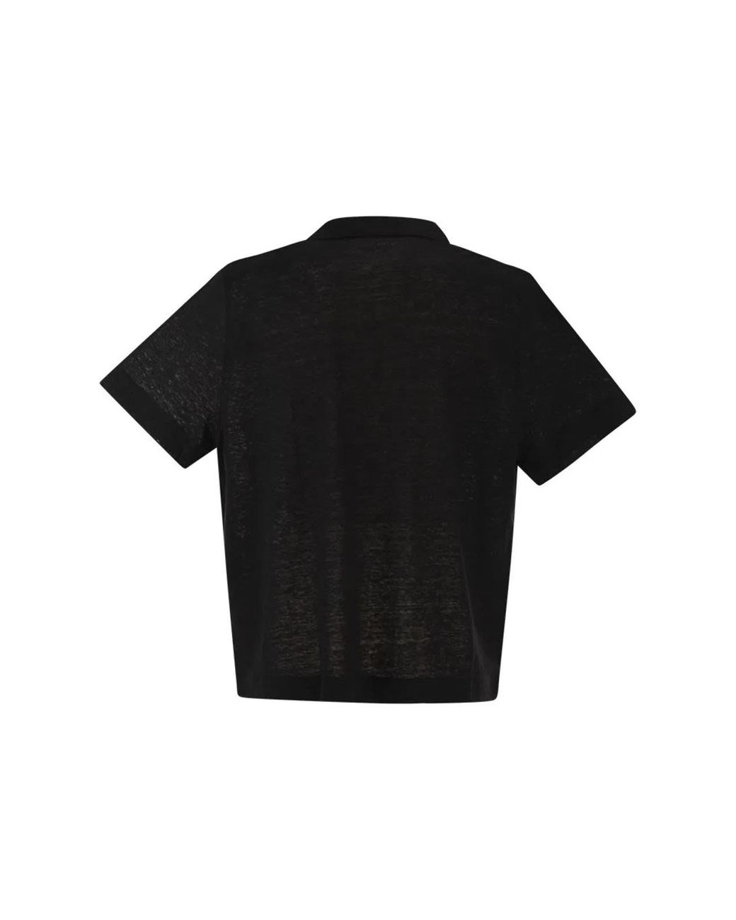 Majestic Black Cropped Linen Stretch Polo With V-Neck