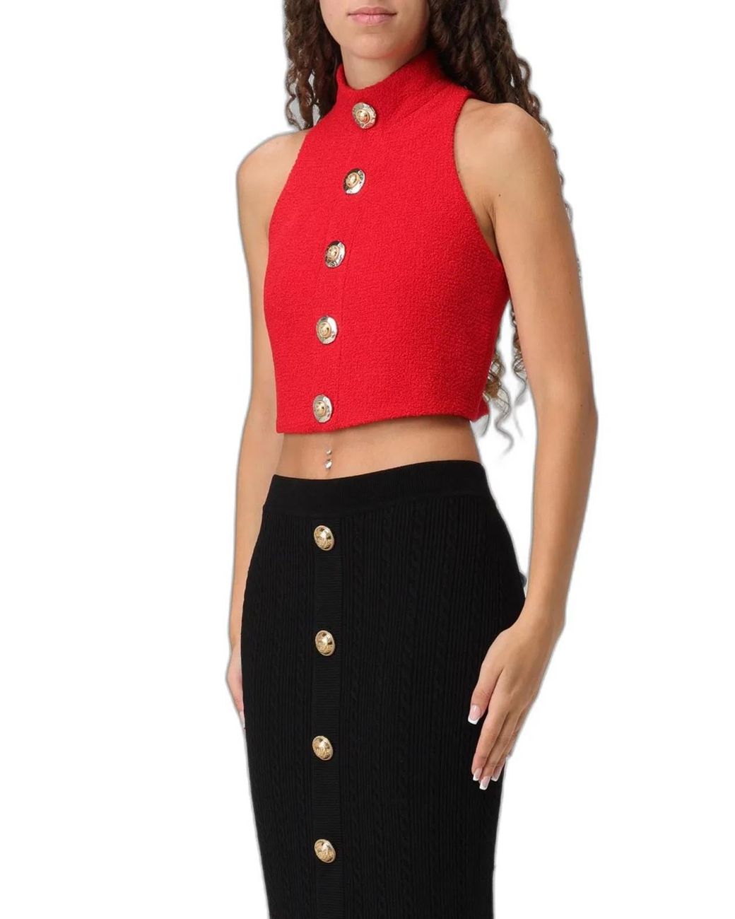 Balmain Red High-Neck Button-Detail Top