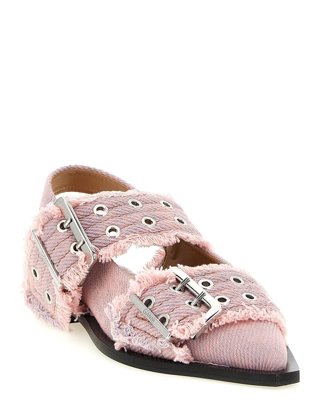Ganni Pink 'Feminine Buckle Fringed Denim' Slingback