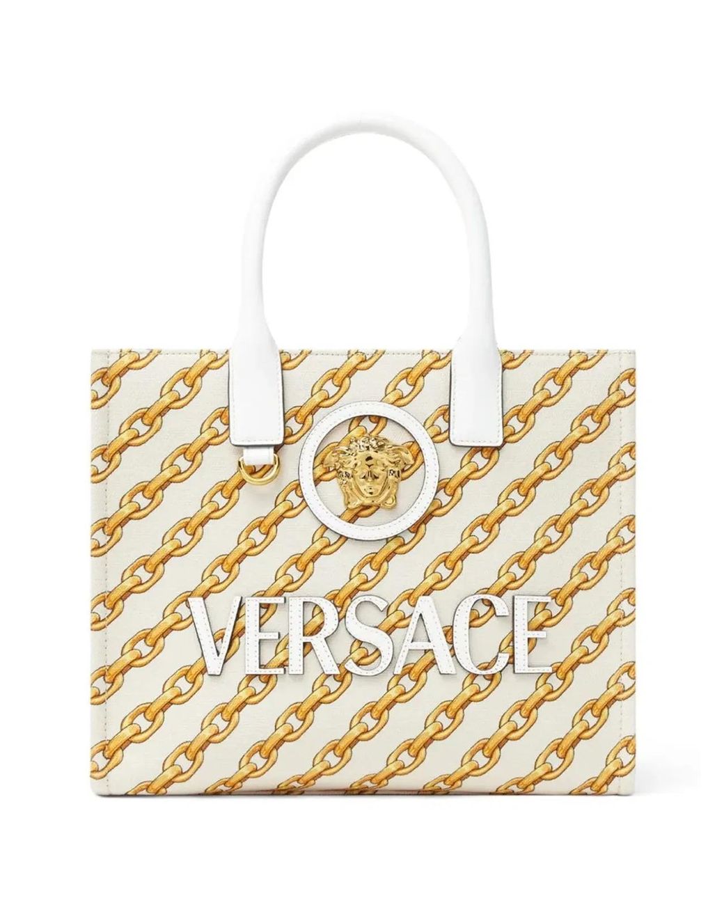 Versace Natural Printed Canvas Small Chain Stripes La Medusa Shopping Bag