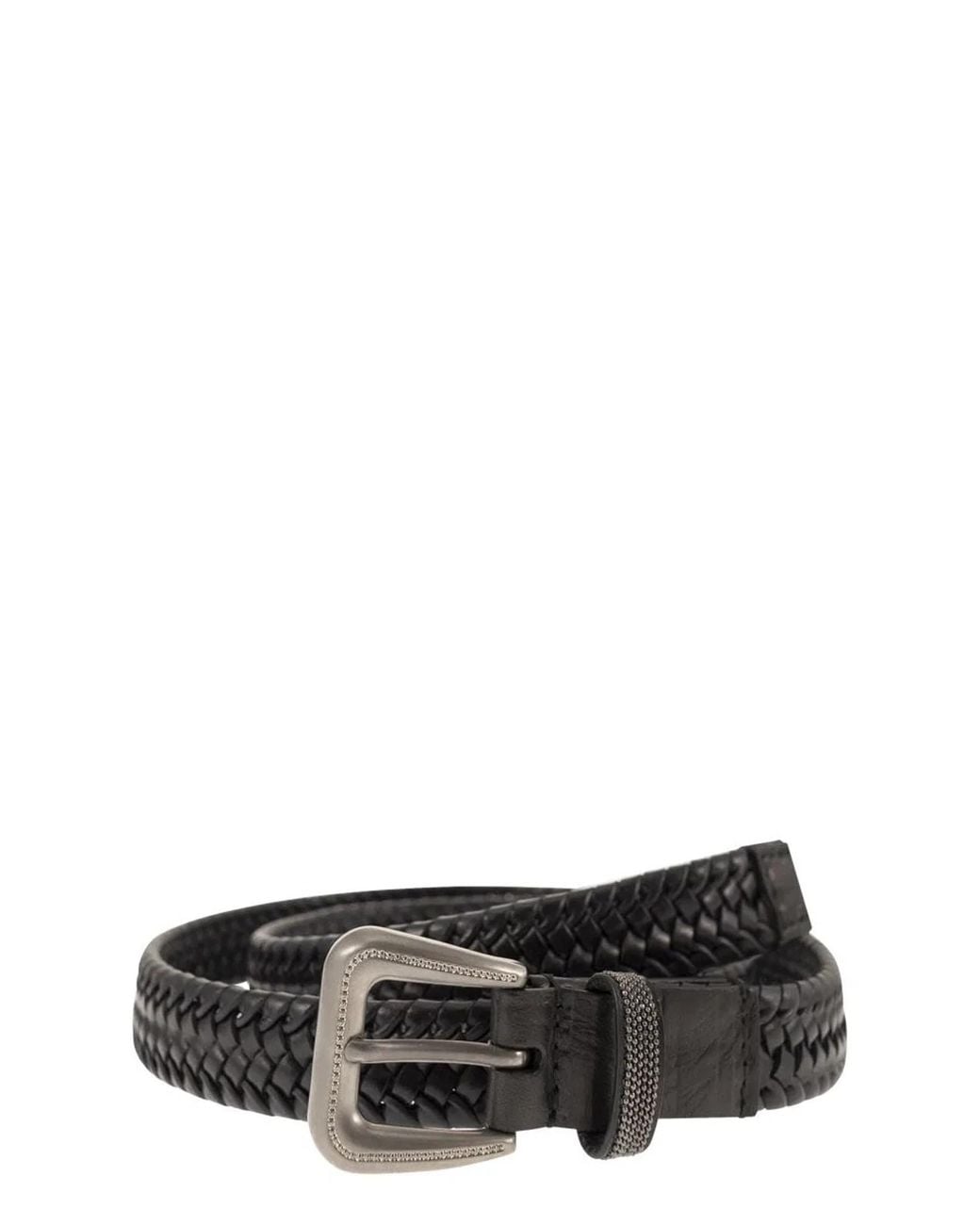 Brunello Cucinelli Black Braided Stretch Leather Belt With Eco Finish Brass Buckle
