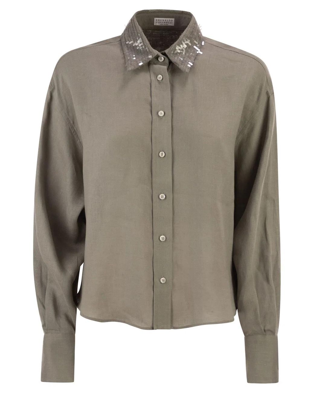 Brunello Cucinelli Green Linen Shirt With Sequin-Embroidered Collar