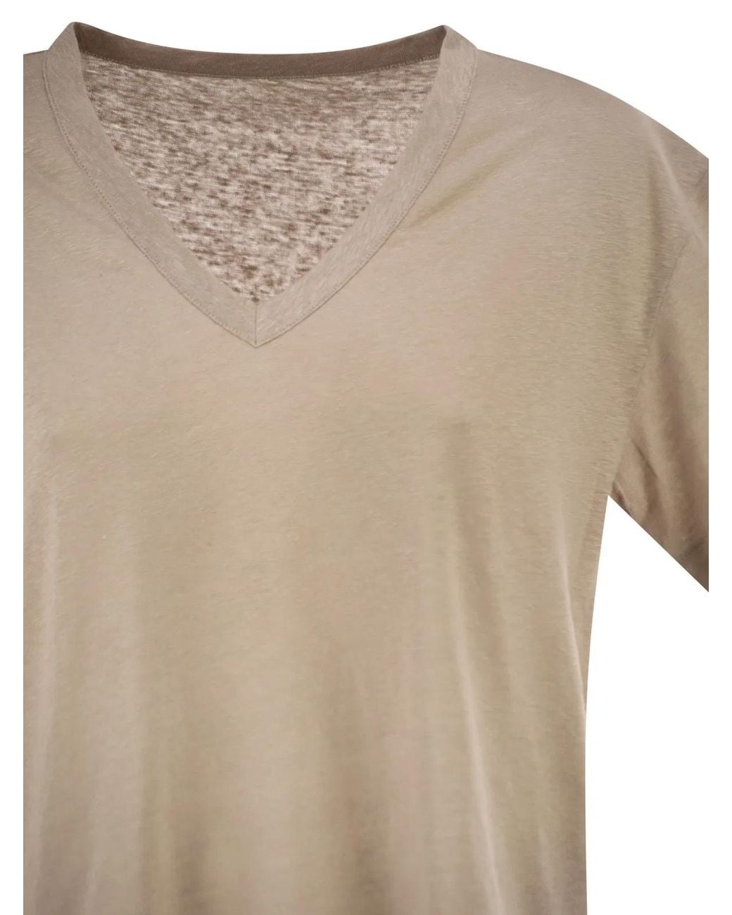 Majestic White Stretch Linen T-Shirt With V-Neck