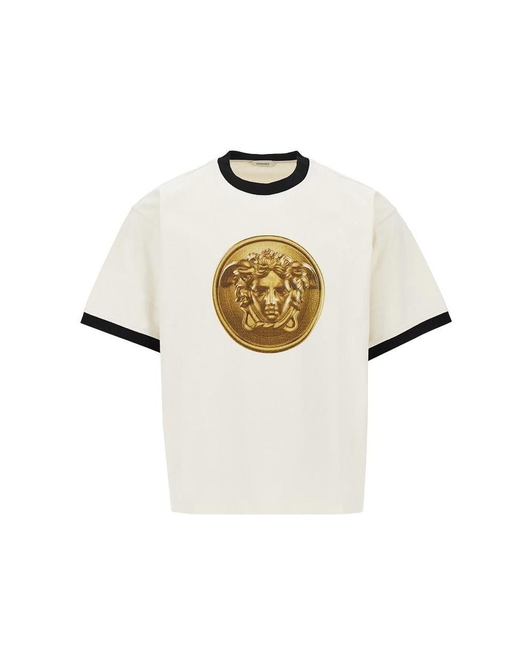 Versace White Cotton T-Shirt With Medusa Coin Print for men