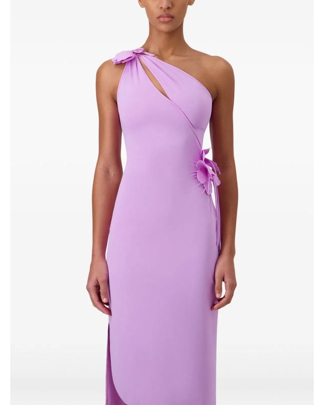 Coperni Purple One-Shoulder Midi Dress With Floral Embellishments