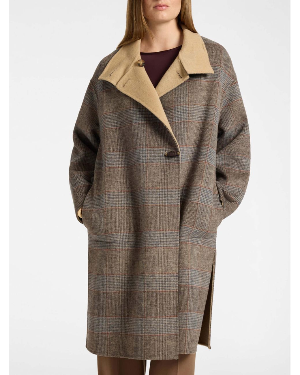 Elena Miro Natural Loose Boxy High Collar Toggle Wool-Blend Coat