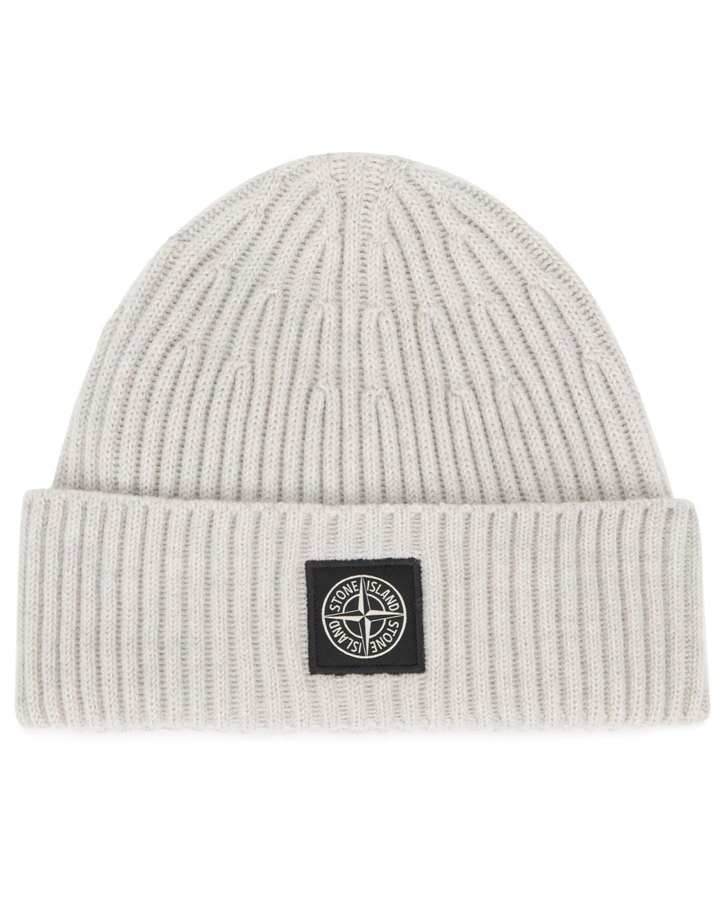 Stone Island White Ribbed Knit Hat With Logo for men