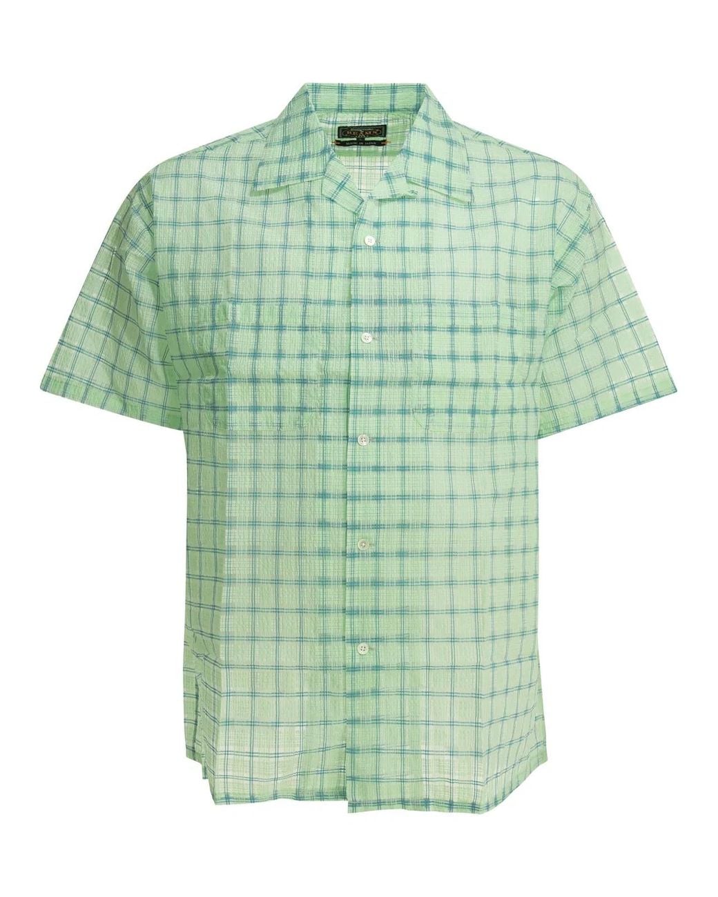 Beams Plus Green "Open Collar Nylon Airy Plaid" Casual Shirt for men