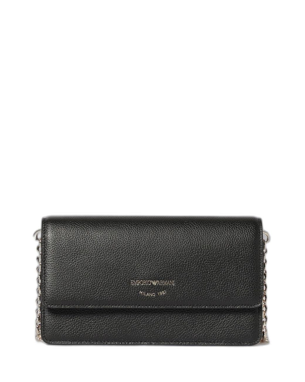 Emporio Armani Black Grained Leather Clutch With Chain