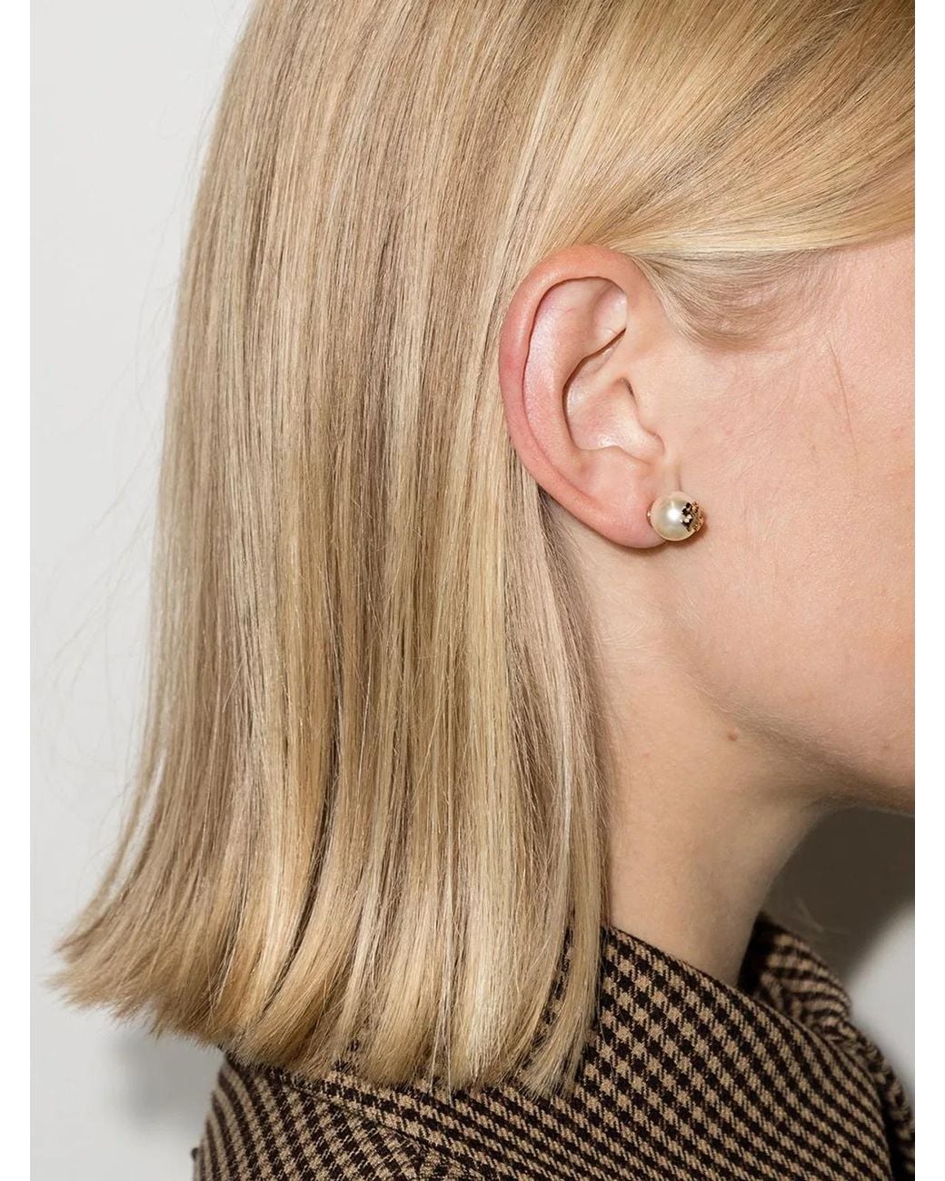 Tory Burch White Tone Logo Pearl Stud Earrings