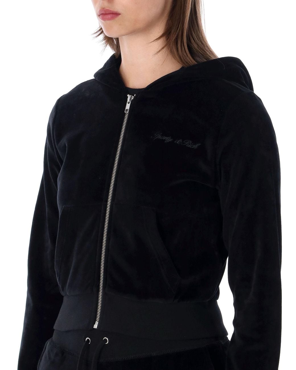Sporty & Rich Black Cropped Zip-Up Hoodie