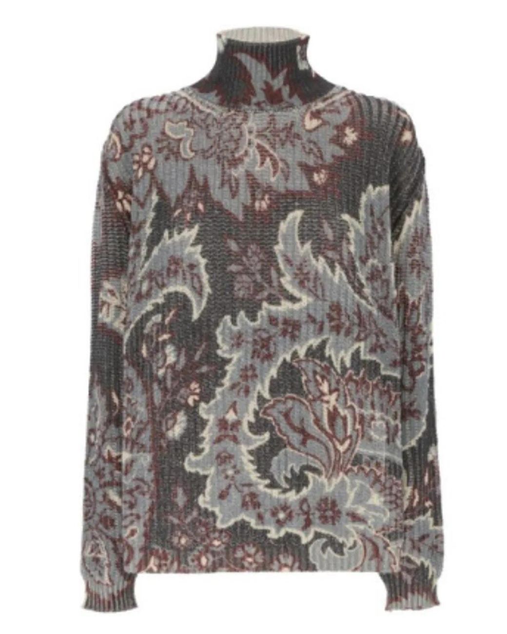 Etro Gray Floral Print High Neck Wool Top
