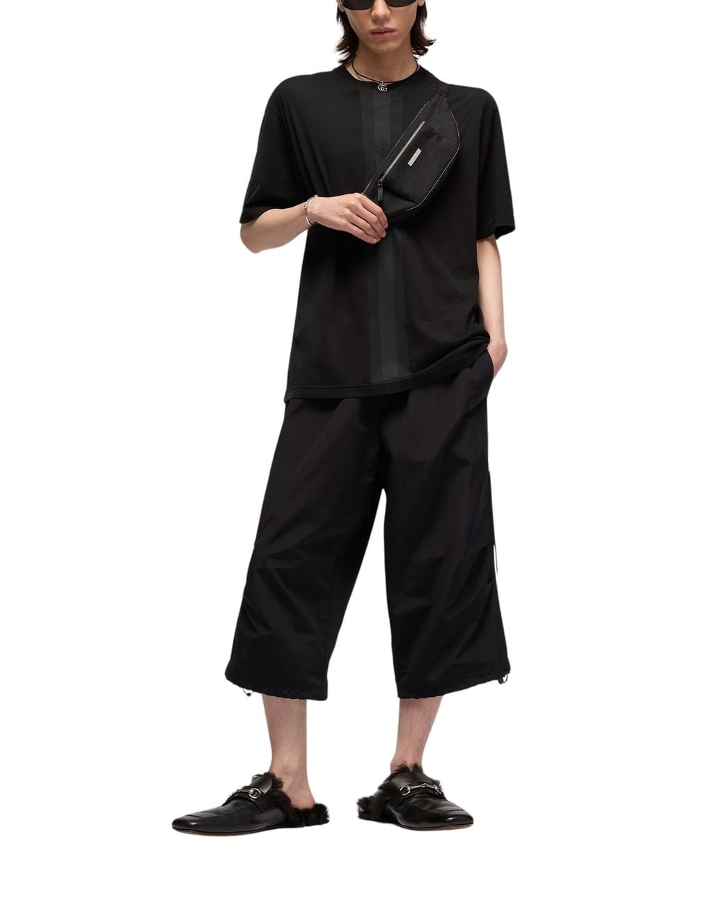 Gucci Black Cotton T-Shirt With Muted Web for men