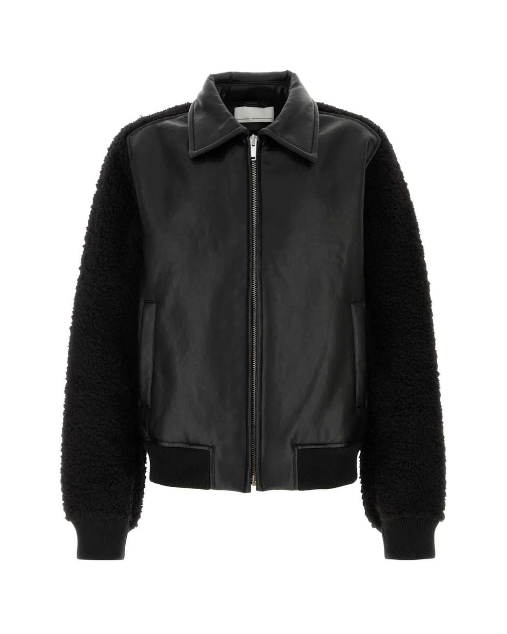 Random Identities Black Faux Shearling Leather Bomber Jacket Woven for men