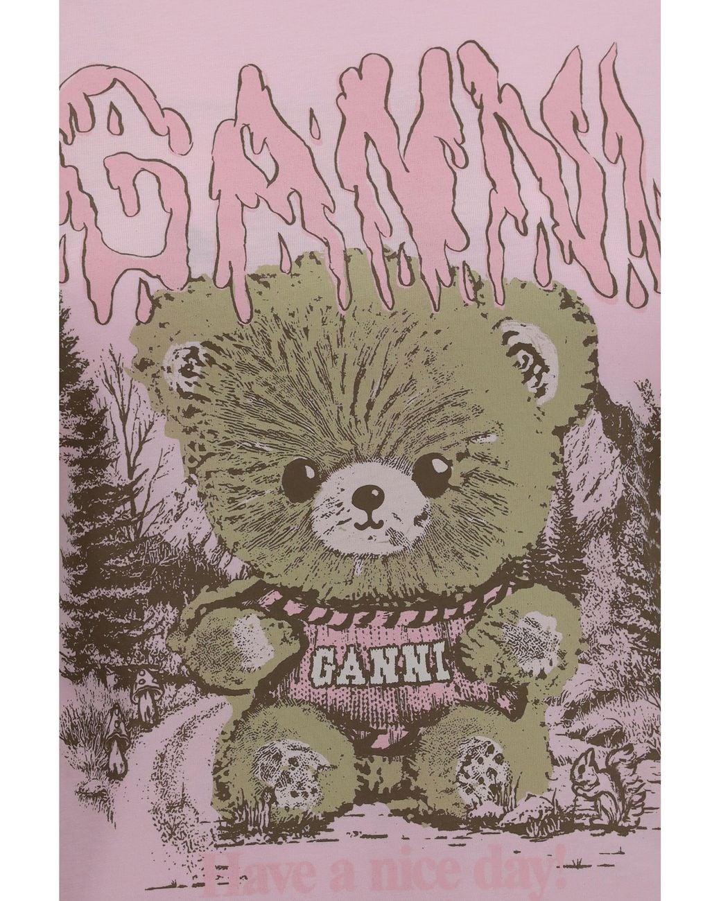 Ganni Pink Teddy Forest Baby Fit Cotton T-Shirt Chalk