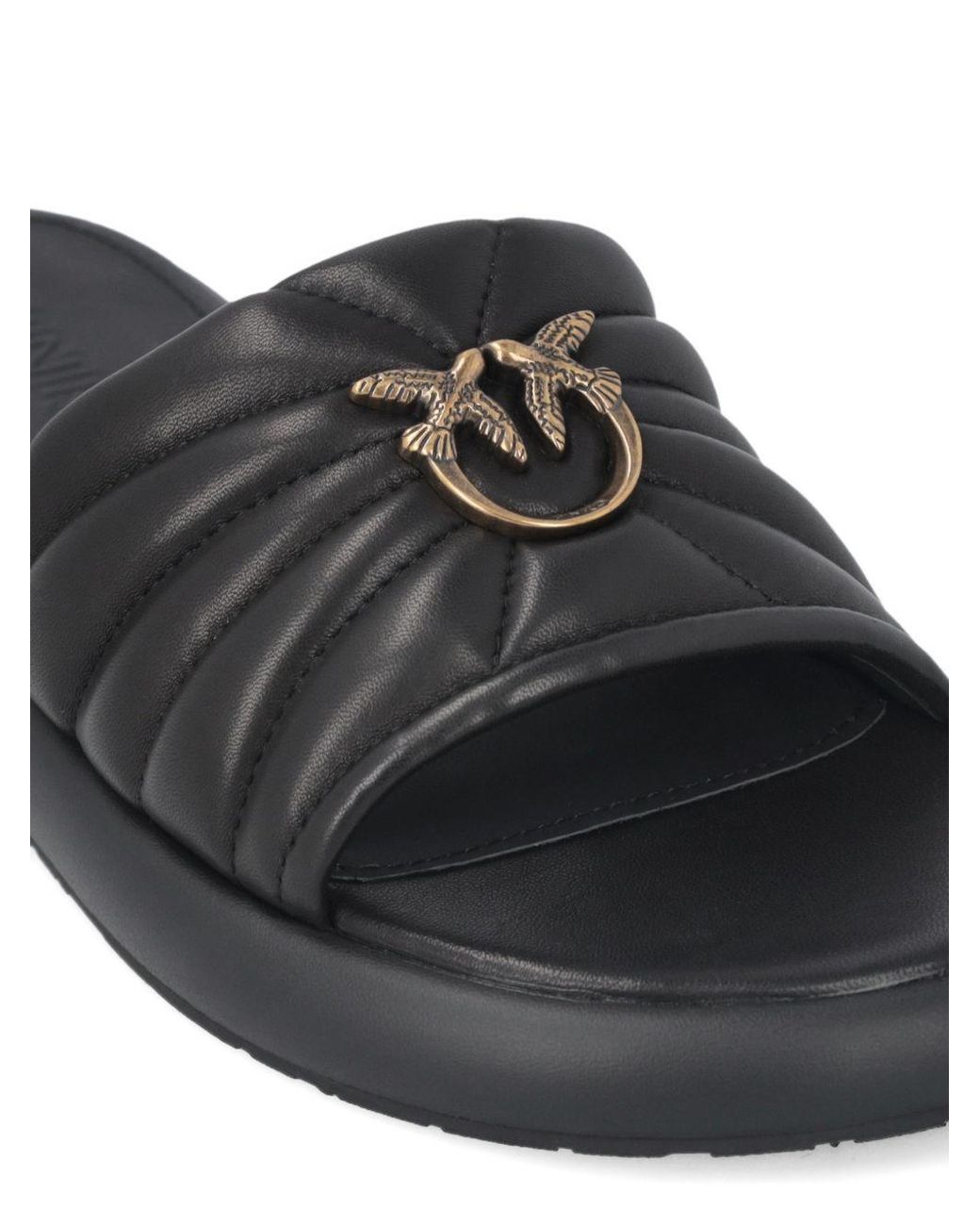 Pinko Black Love Birds Nappa Leather Slides