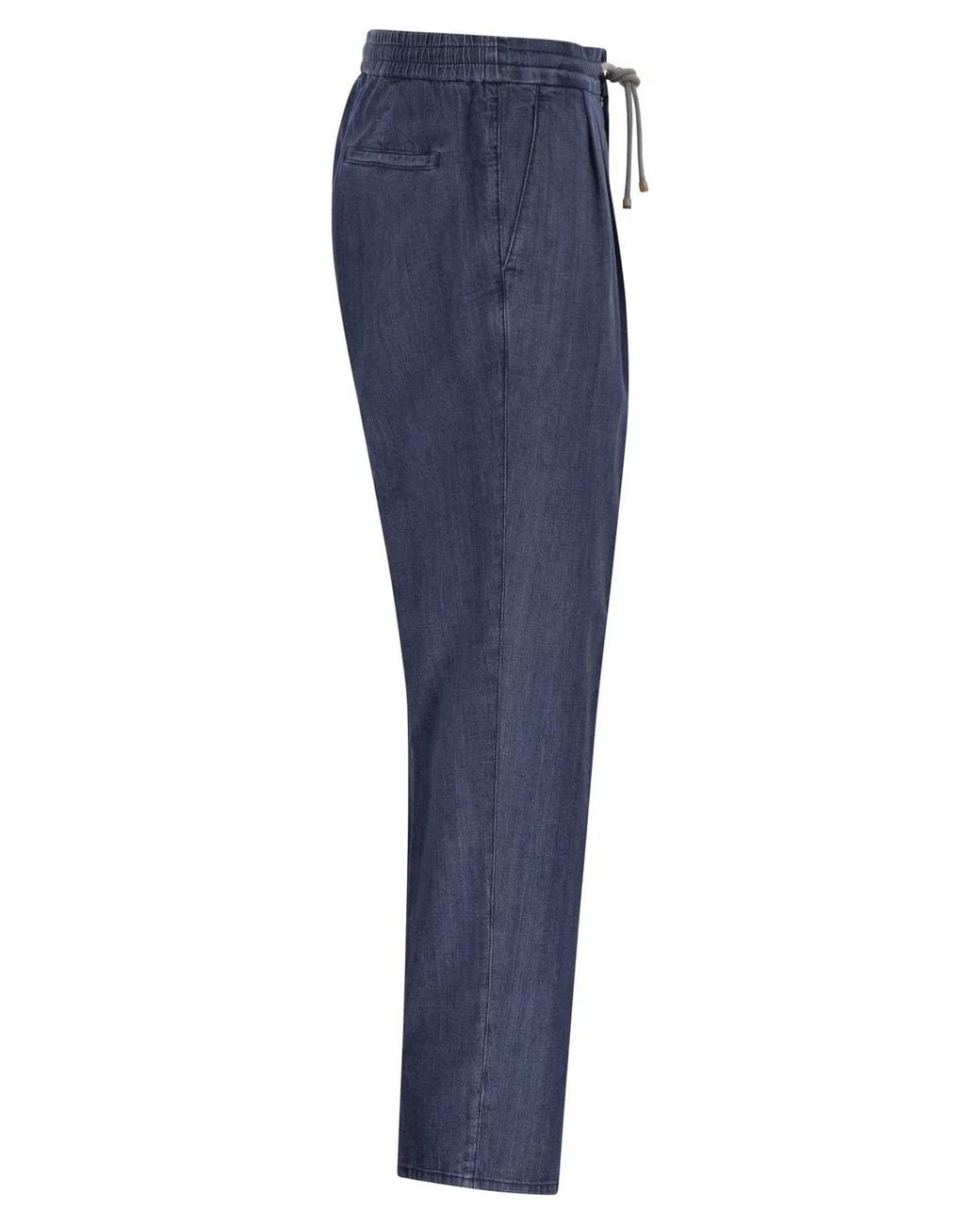 Brunello Cucinelli Blue Lightweight Denim Trousers With Drawstring And Double Pleats for men