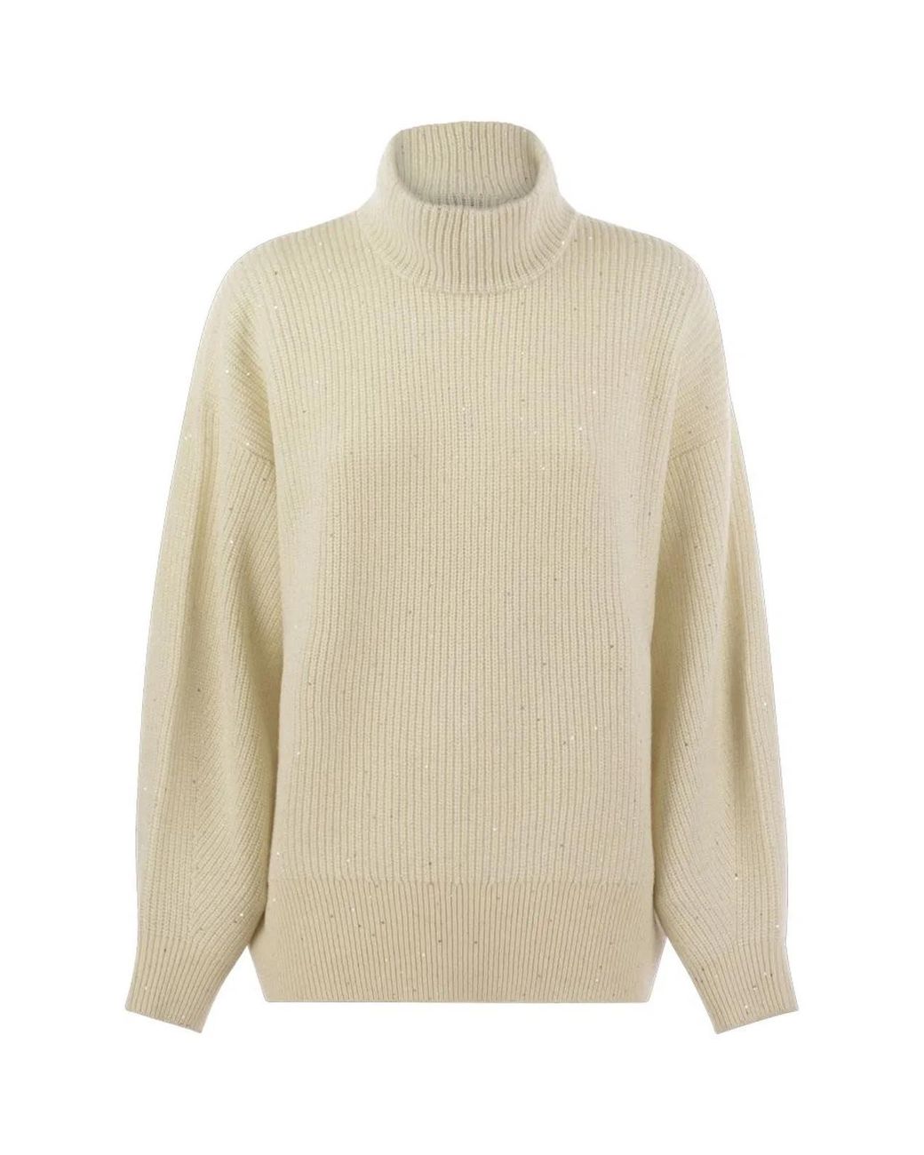 Brunello Cucinelli Natural Wool And Cashmere Rib Sweater With Sequins