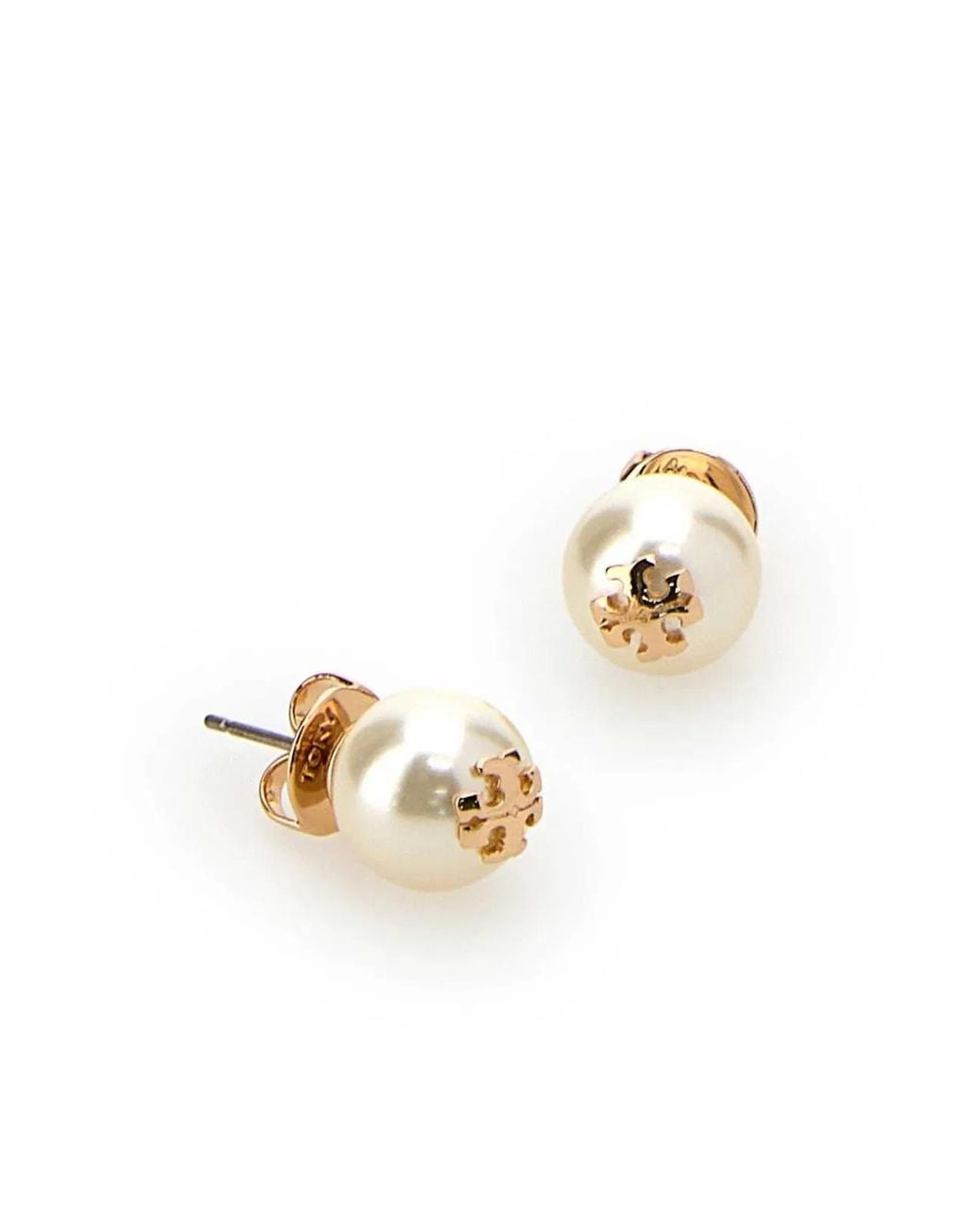 Tory Burch White Tone Logo Pearl Stud Earrings