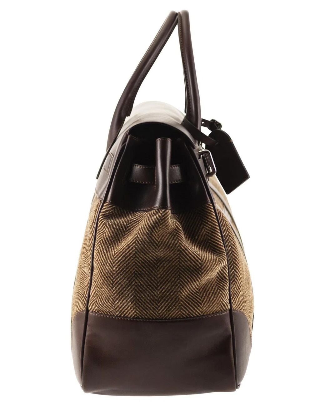 Brunello Cucinelli Brown Herringbone Fabric And Leather Weekender Bag for men