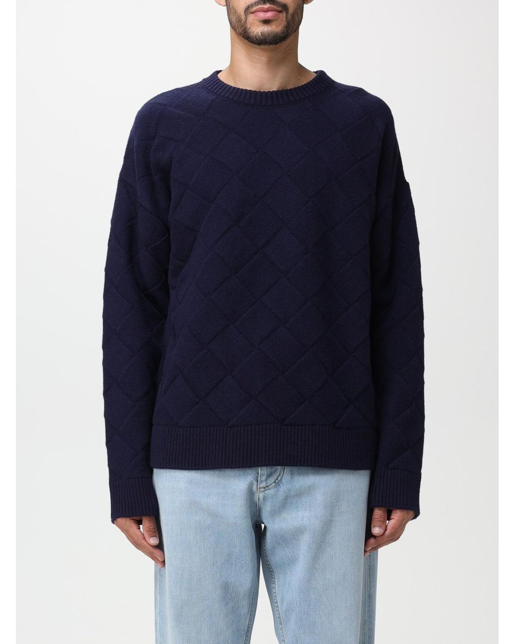 Bottega Veneta Blue Quilted Knit Long Sleeve Sweater for men