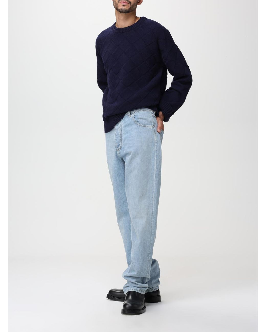 Bottega Veneta Blue Quilted Knit Long Sleeve Sweater for men
