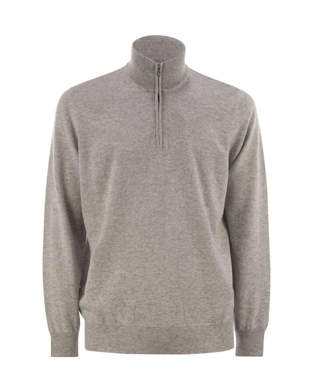 Brunello Cucinelli Gray High-Necked Cashmere Sweater With Zip Opening for men