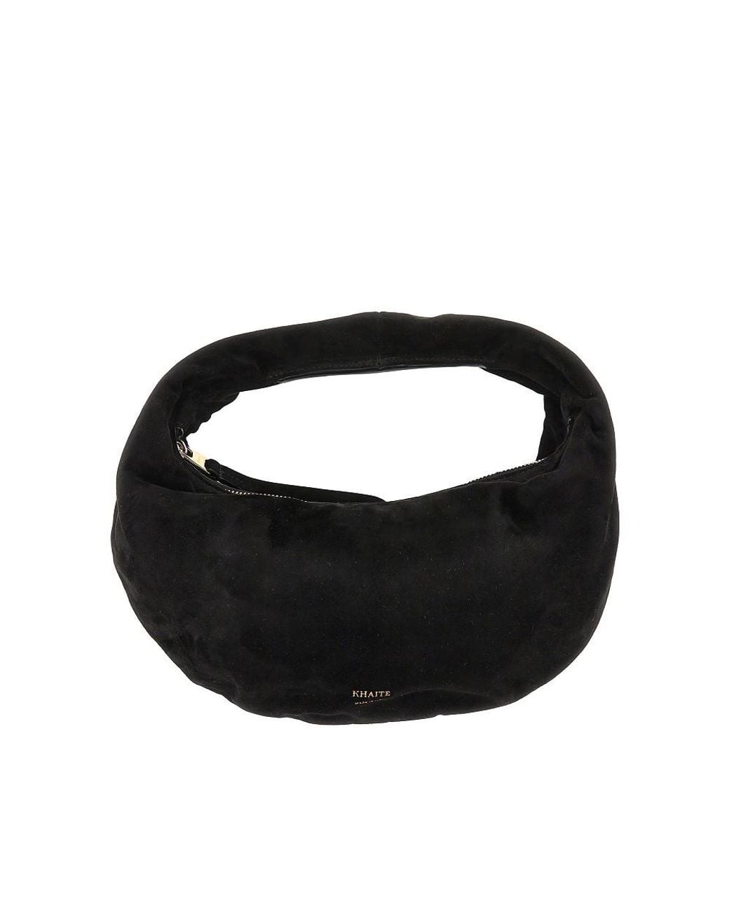 Khaite Black Mini Hobo Bag Made From Soft Suede Leather With Integrated Handle To Carry By Hand. -Tone Mini Logo Print