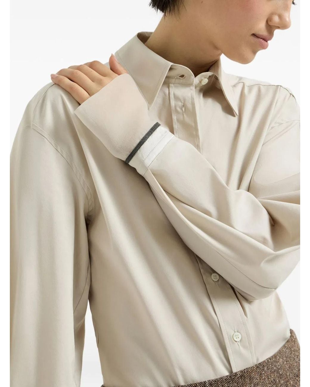 Brunello Cucinelli White Stretch Cotton Poplin Shirt Featuring Shiny Silk Cuffs And Monili Embroidery