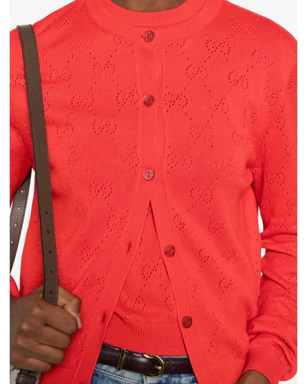 Gucci Red Cotton Monogram Cardigan With Perforations