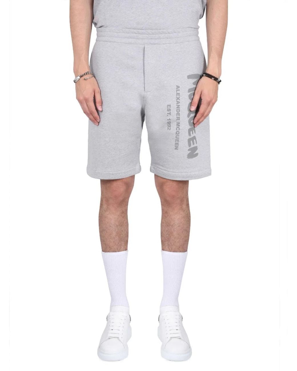 McQueen Gray Bermuda Shorts With Graffiti Logo Print for men
