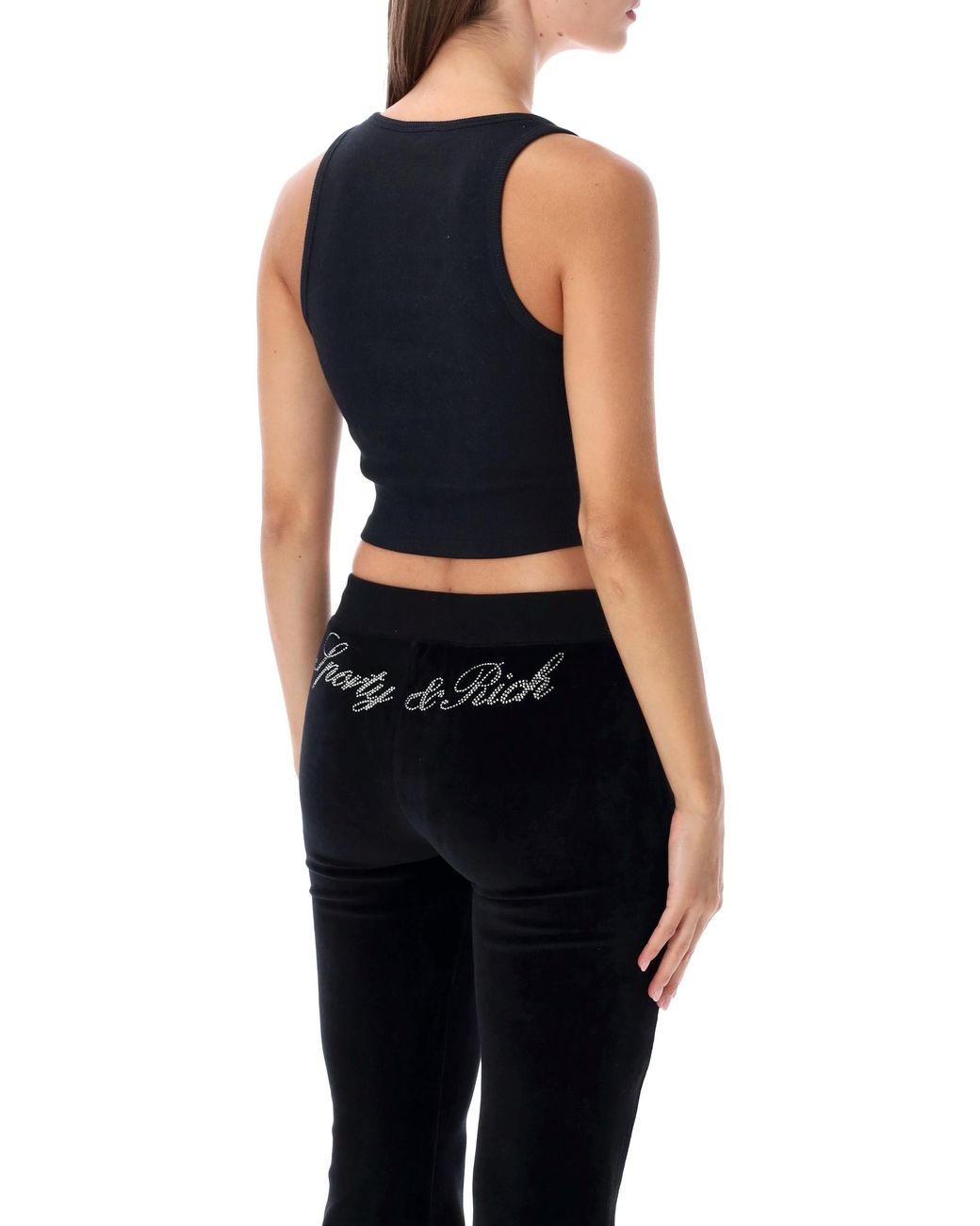 Sporty & Rich Black Rhinestone Logo Ribbed Crop Tank Top