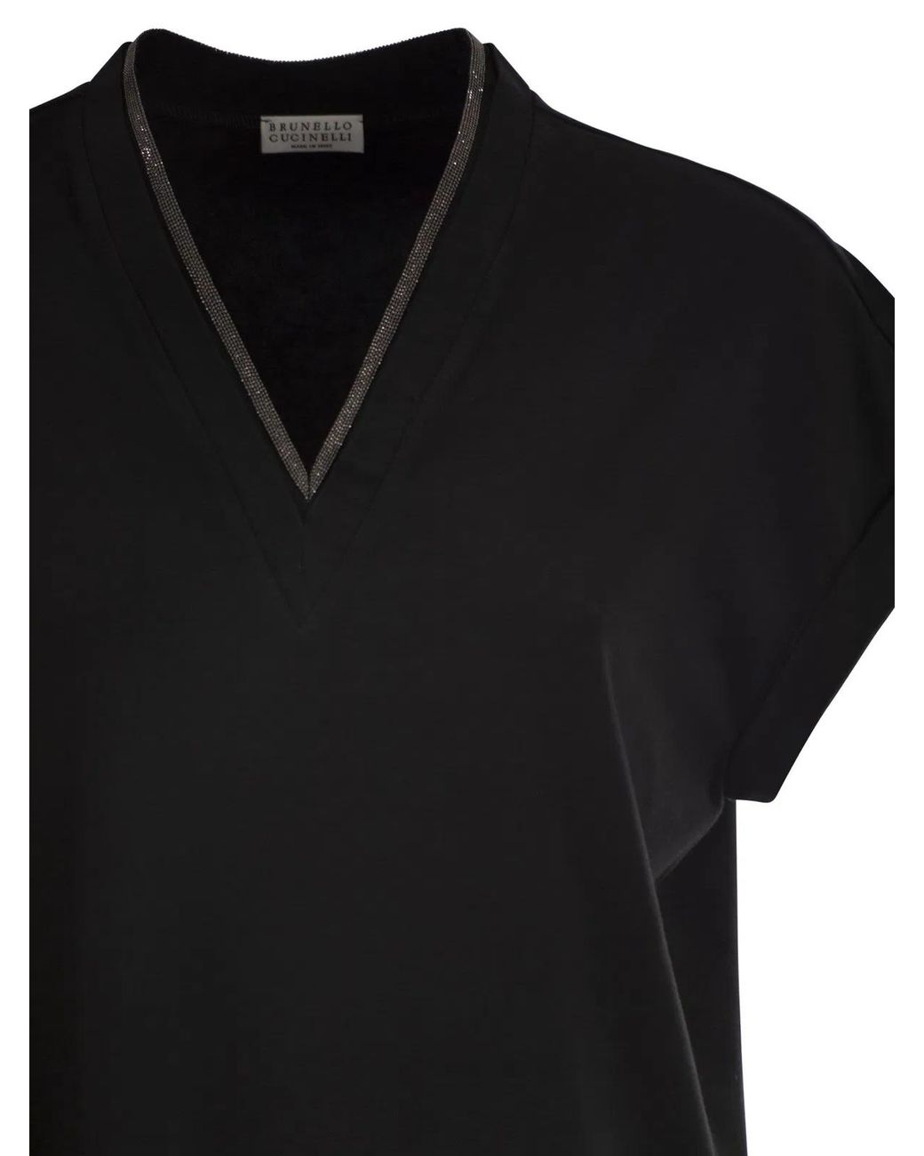 Brunello Cucinelli Black Stretch Cotton Jersey T-Shirt With Precious Neckline