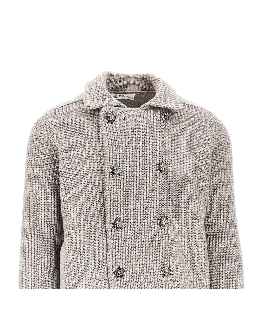 Brunello Cucinelli Gray Cashmere Double-Breasted Cardigan for men