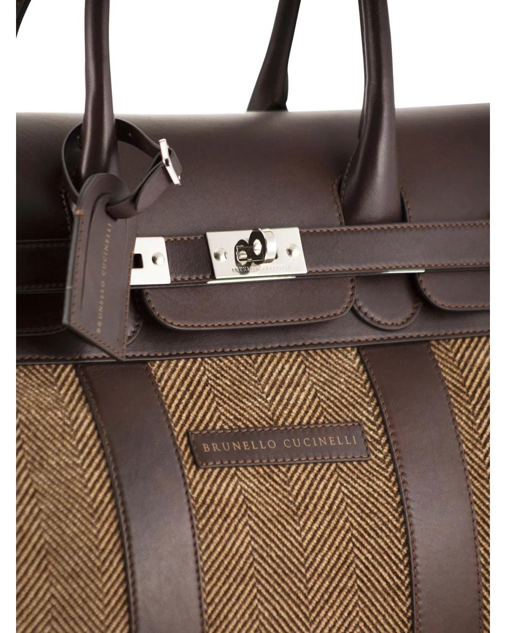 Brunello Cucinelli Brown Herringbone Fabric And Leather Weekender Bag for men