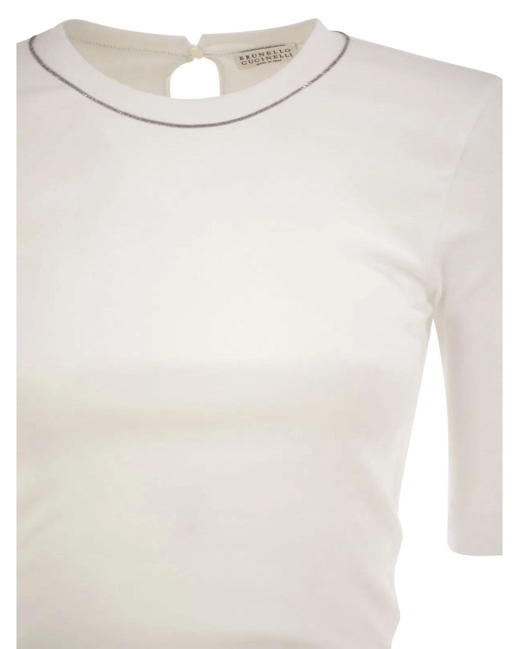 Brunello Cucinelli White Ribbed Stretch Cotton T-Shirt With Monili Trim