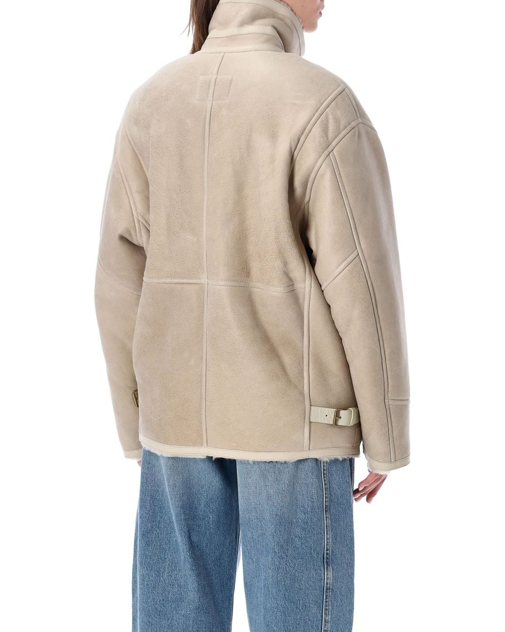 Isabel Marant Natural Adelina Shearling Jacket With Asymmetric Zip & High Buckled Collar