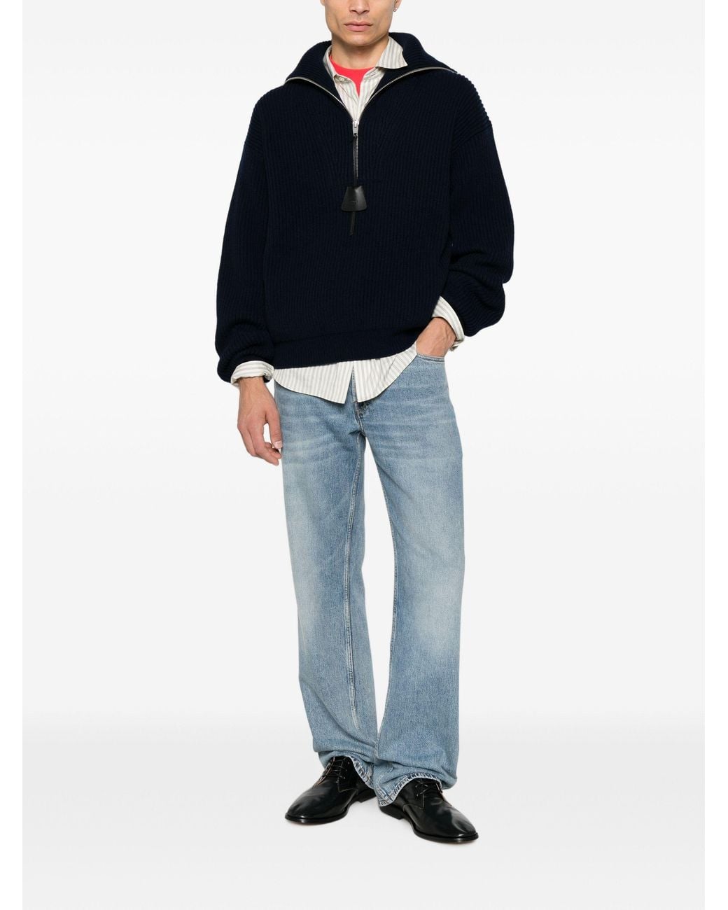 Céline Blue Ribbed Half-Zip Sweater for men